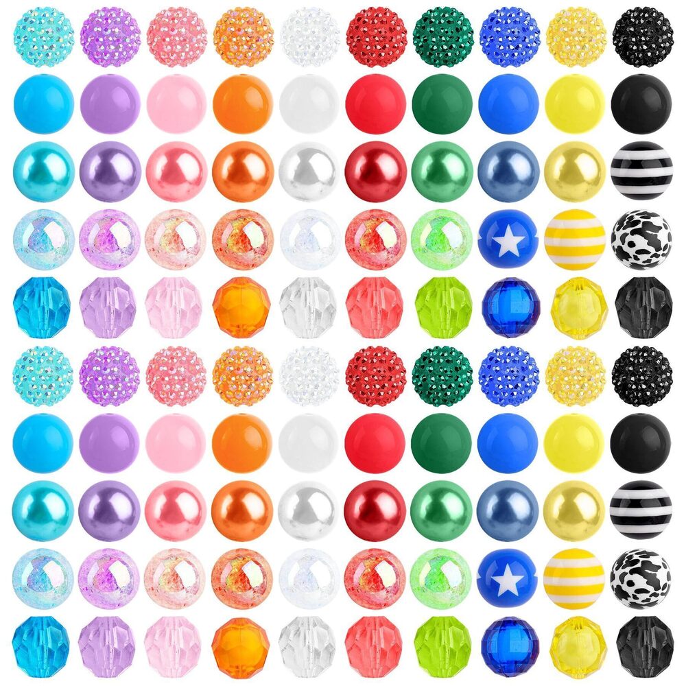 9494 100 Pack Colorful Bubblegum Beads Rhinestone Bead 20mm Plastic Chunky